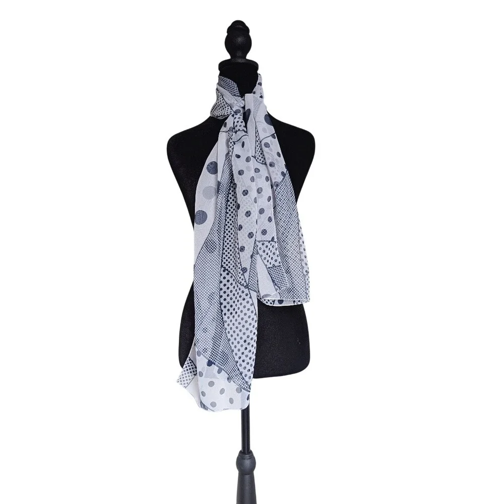 Vintage 90s Maximalism Romantic Navy Blue Geometric Polka Dot Sheer Silk Scarf